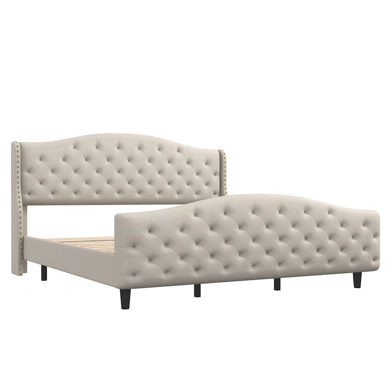Bed Frame, Wingback Upholstered Button Tufted Headboard, No Box Spring Needed, Load Up to 800Lbs