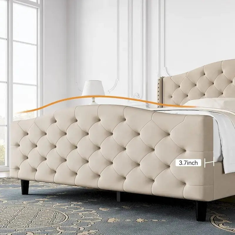 Bed Frame, Wingback Upholstered Button Tufted Headboard, No Box Spring Needed, Load Up to 800Lbs