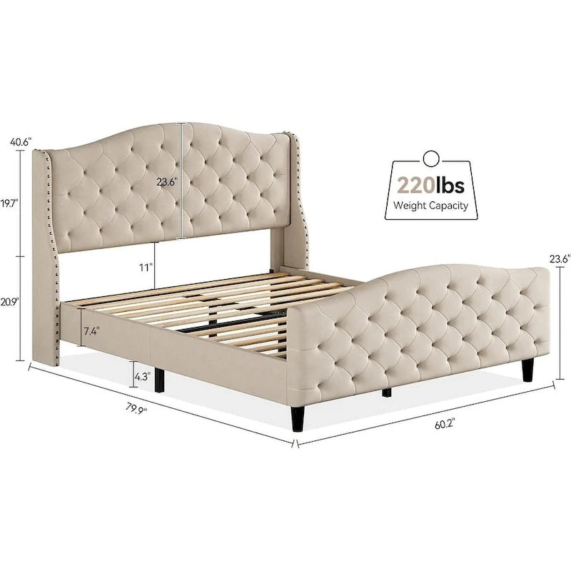 Bed Frame, Wingback Upholstered Button Tufted Headboard, No Box Spring Needed, Load Up to 800Lbs