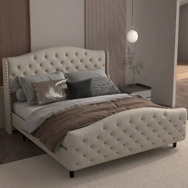 Bed Frame, Wingback Upholstered Button Tufted Headboard, No Box Spring Needed, Load Up to 800Lbs