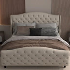 Bed Frame, Wingback Upholstered Button Tufted Headboard, No Box Spring Needed, Load Up to 800Lbs