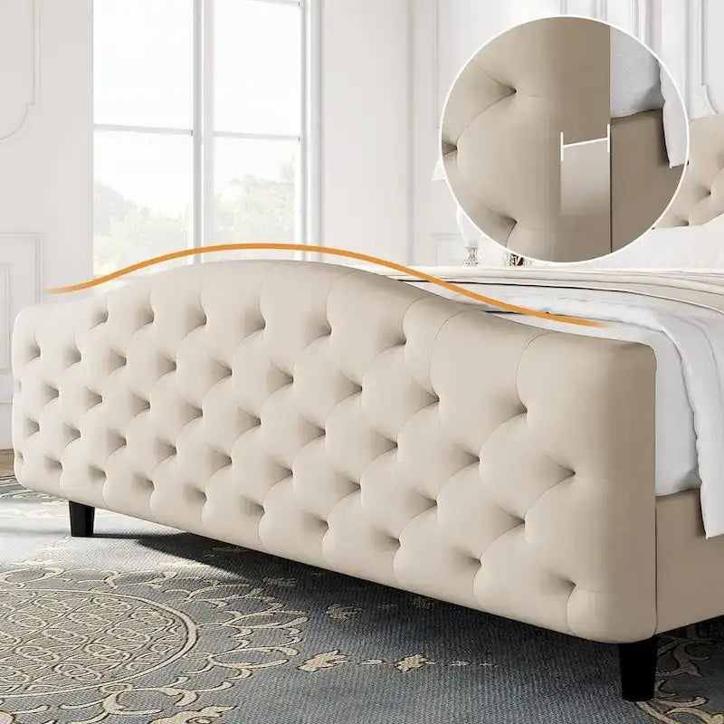 Bed Frame, Wingback Upholstered Button Tufted Headboard, No Box Spring Needed, Load Up to 800Lbs