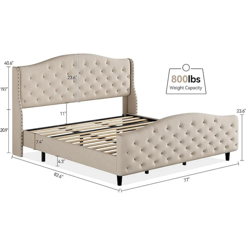 Bed Frame, Wingback Upholstered Button Tufted Headboard, No Box Spring Needed, Load Up to 800Lbs