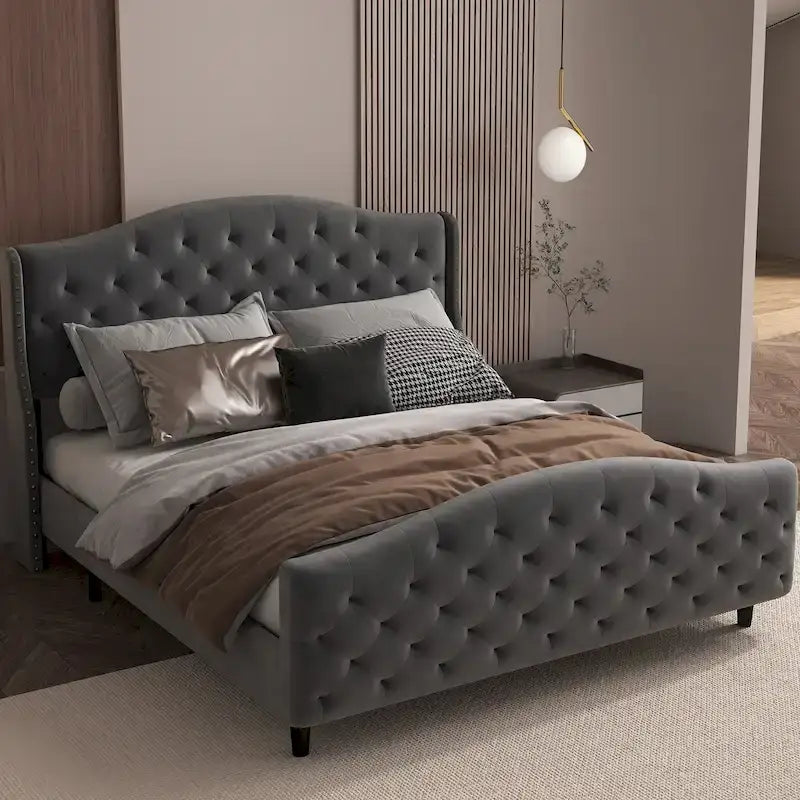 Bed Frame, Wingback Upholstered Button Tufted Headboard, No Box Spring Needed, Load Up to 800Lbs