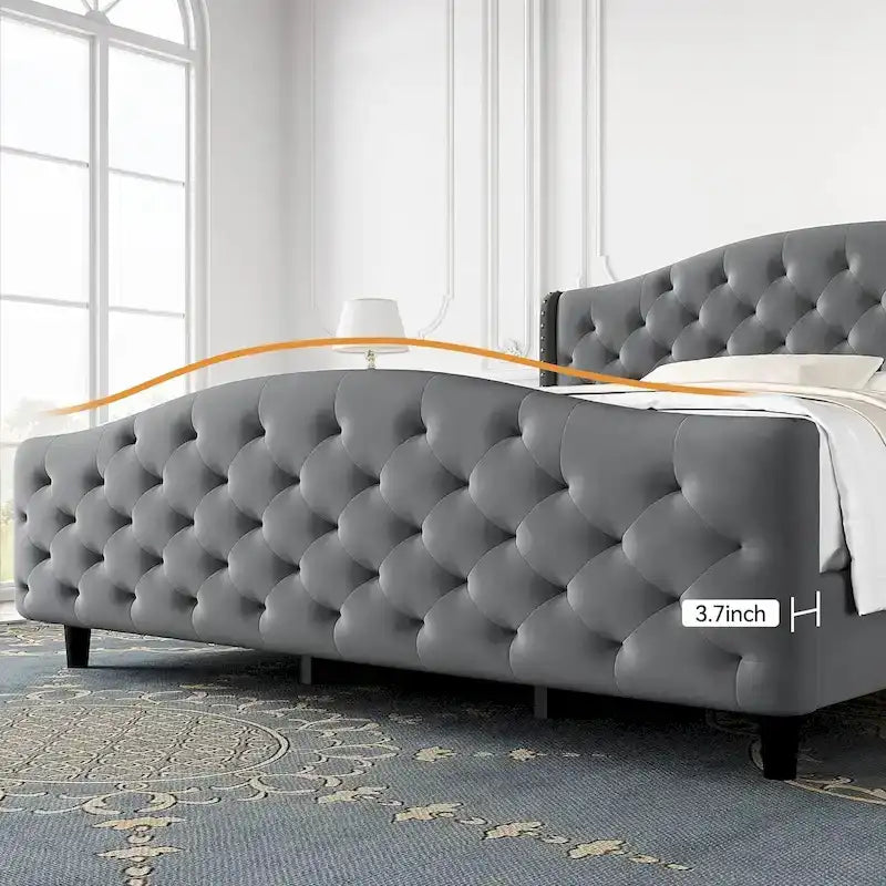 Bed Frame, Wingback Upholstered Button Tufted Headboard, No Box Spring Needed, Load Up to 800Lbs