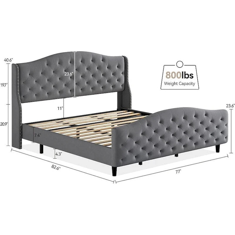 Bed Frame, Wingback Upholstered Button Tufted Headboard, No Box Spring Needed, Load Up to 800Lbs