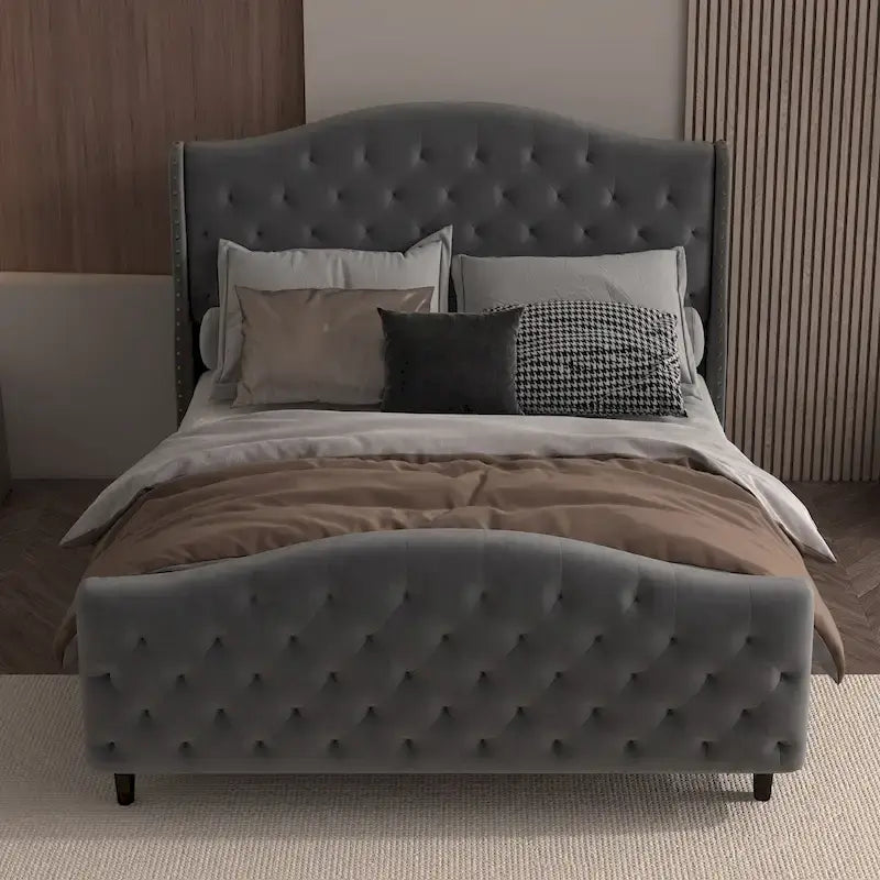 Bed Frame, Wingback Upholstered Button Tufted Headboard, No Box Spring Needed, Load Up to 800Lbs