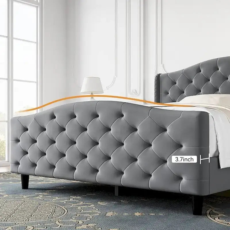 Bed Frame, Wingback Upholstered Button Tufted Headboard, No Box Spring Needed, Load Up to 800Lbs