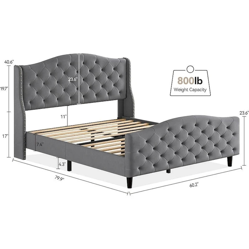 Bed Frame, Wingback Upholstered Button Tufted Headboard, No Box Spring Needed, Load Up to 800Lbs