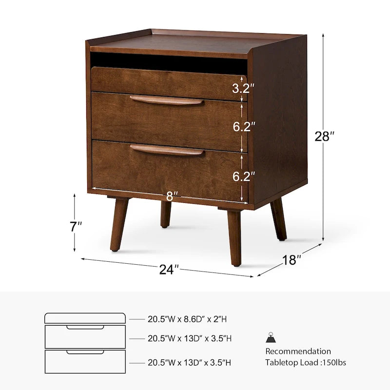 Lisa Mid-Century Modern 3-Drawer Nightstand with Charging Station by HULALA HOME