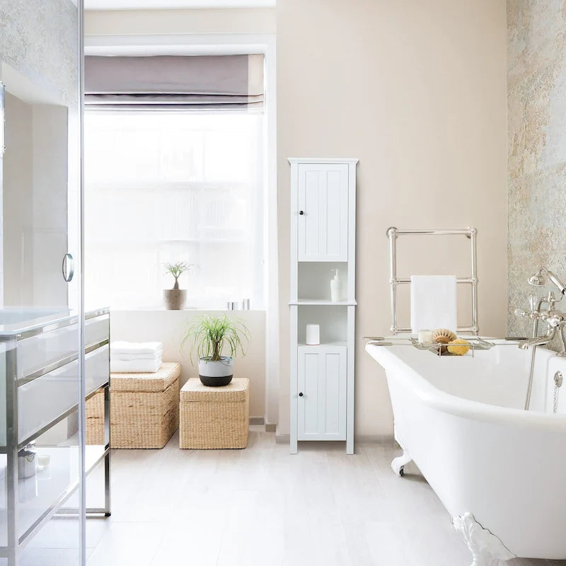 White MDF Wood 67-Inch Tall Tower Bathroom Linen Cabinet