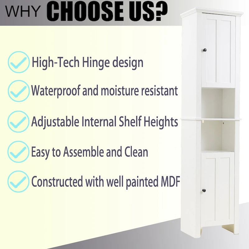 White MDF Wood 67-Inch Tall Tower Bathroom Linen Cabinet