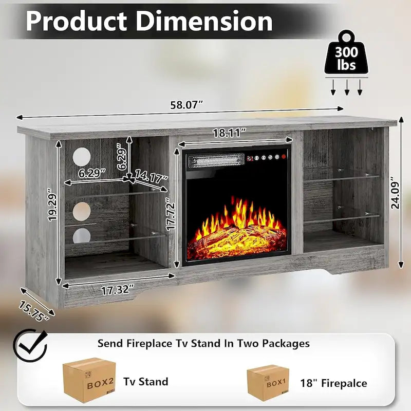 Bossin 58 Fireplace TV Stand with 18 Electric Fireplace,Modern Entertainment Center for 65 TVs,TV Console