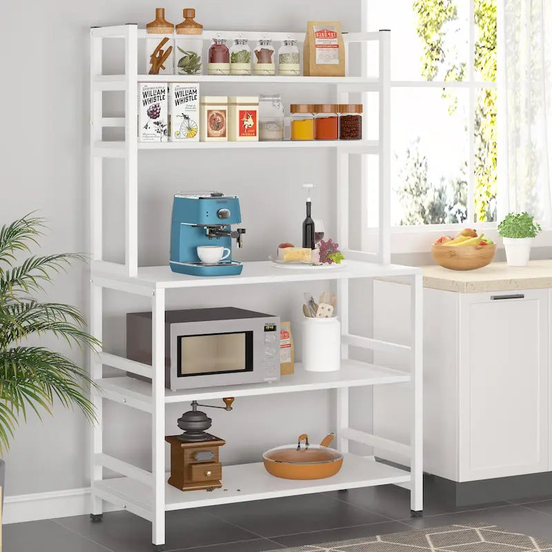 Brown/ Black Kitchen Bakers Rack Industrial Microwave Oven Stand,White 5-Tier Utility Storage Shelf,Kitchen Stand with Hutch