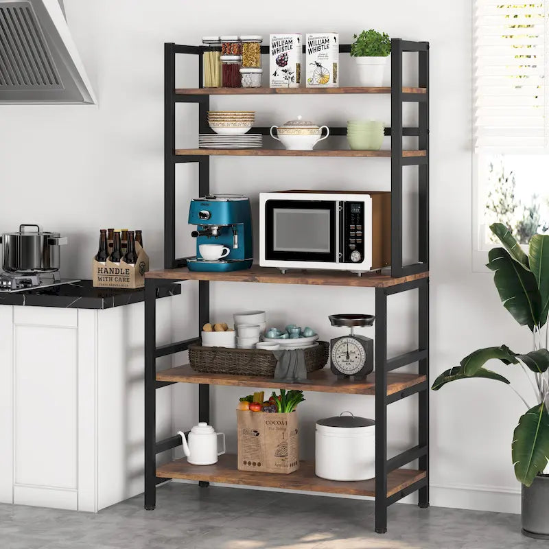 Brown/ Black Kitchen Bakers Rack Industrial Microwave Oven Stand,White 5-Tier Utility Storage Shelf,Kitchen Stand with Hutch