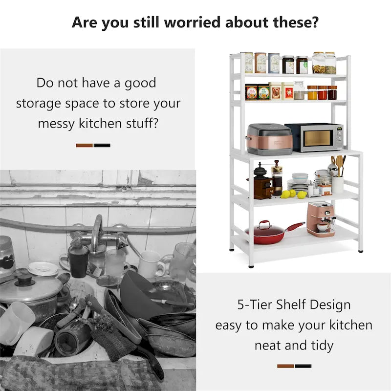 Brown/ Black Kitchen Bakers Rack Industrial Microwave Oven Stand,White 5-Tier Utility Storage Shelf,Kitchen Stand with Hutch
