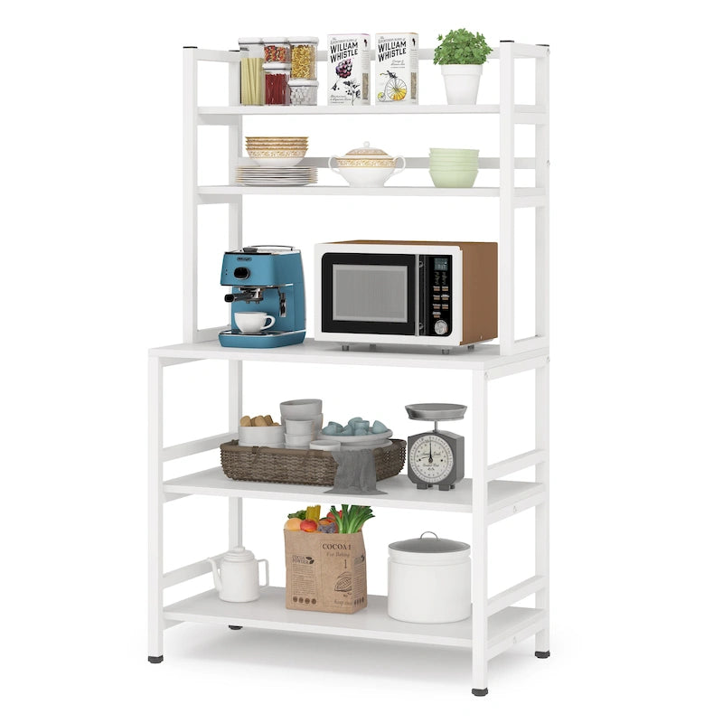Brown/ Black Kitchen Bakers Rack Industrial Microwave Oven Stand,White 5-Tier Utility Storage Shelf,Kitchen Stand with Hutch