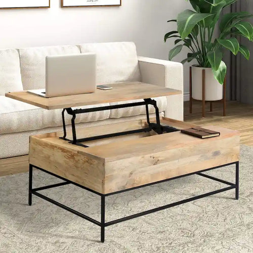 Audrey 45 inch Lift Top Mango Wood Rectangular Coffee Table - Wood and Metal, Natural Brown and Black