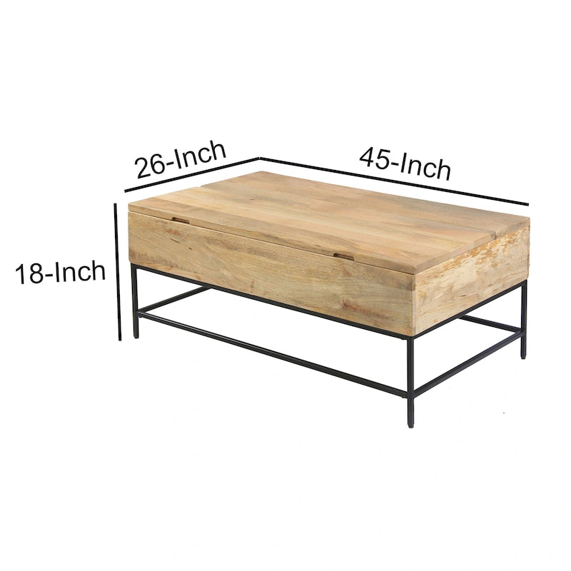 Audrey 45 inch Lift Top Mango Wood Rectangular Coffee Table - Wood and Metal, Natural Brown and Black