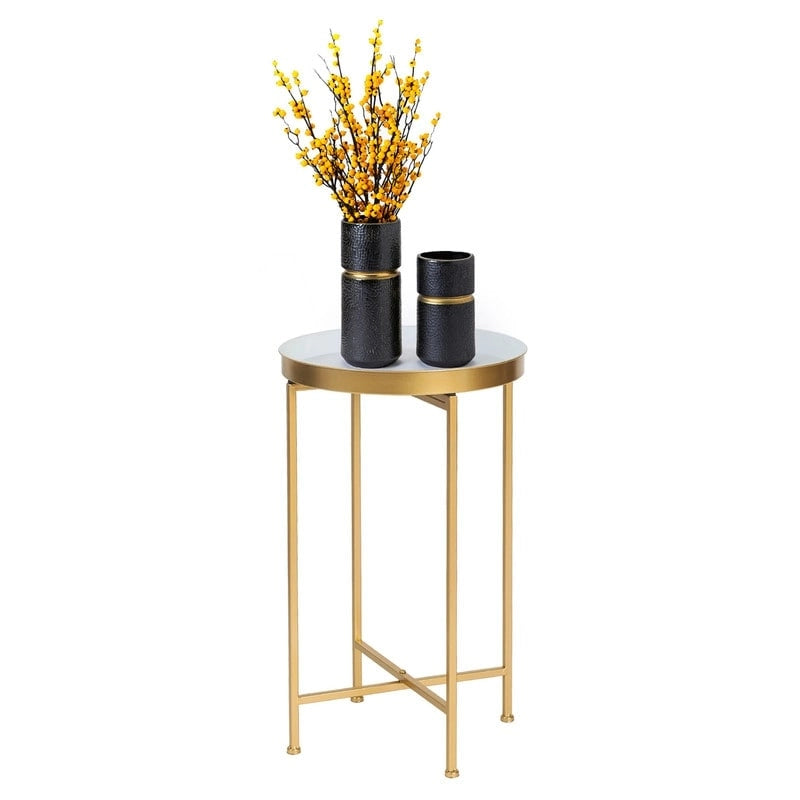 Adeco Round End Table Gold Metal Side Nightstand Accent Coffee Tables - 15(D)x 15(W)x 25.7(H)
