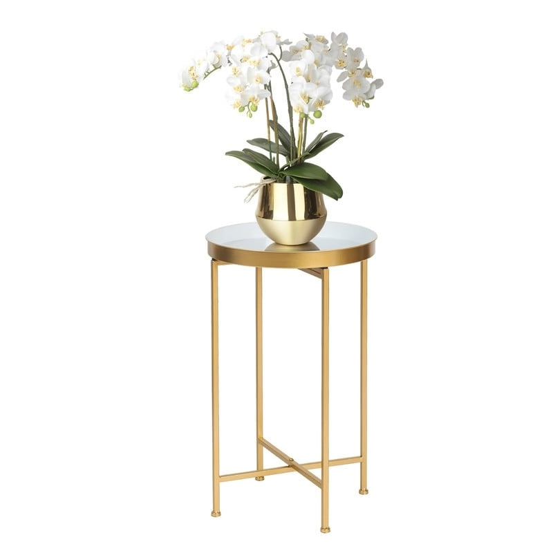 Adeco Round End Table Gold Metal Side Nightstand Accent Coffee Tables - 15(D)x 15(W)x 25.7(H)