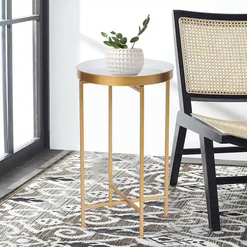 Adeco Round End Table Gold Metal Side Nightstand Accent Coffee Tables - 15(D)x 15(W)x 25.7(H)