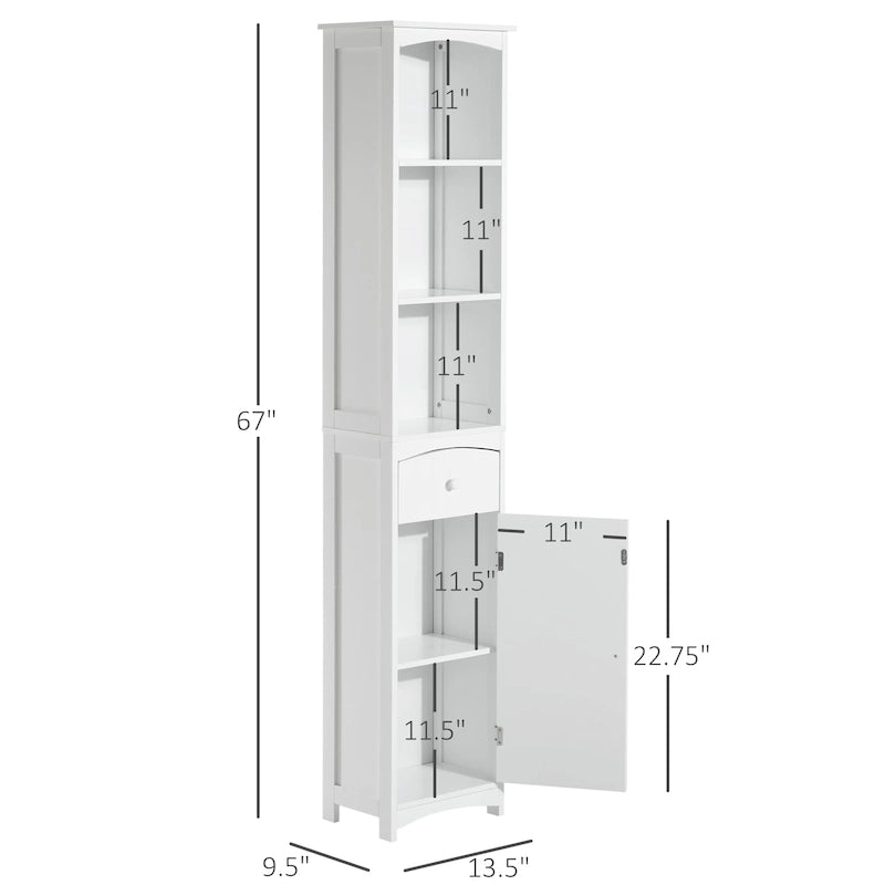 HOMCOM 67 Tall Bathroom Storage Cabinet, Freestanding Linen Tower with 3-Tier Shelf, Narrow Side Floor Organizer, White