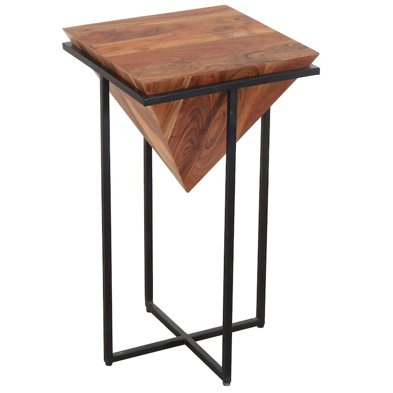 Ida 26 Inch Pyramid Shape Acacia Wood Side Table With Cross Iron Base, Brown and Black