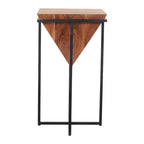 Ida 26 Inch Pyramid Shape Acacia Wood Side Table With Cross Iron Base, Brown and Black