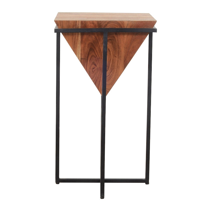 Ida 26 Inch Pyramid Shape Acacia Wood Side Table With Cross Iron Base, Brown and Black