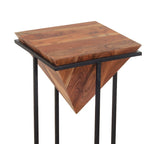 Ida 26 Inch Pyramid Shape Acacia Wood Side Table With Cross Iron Base, Brown and Black