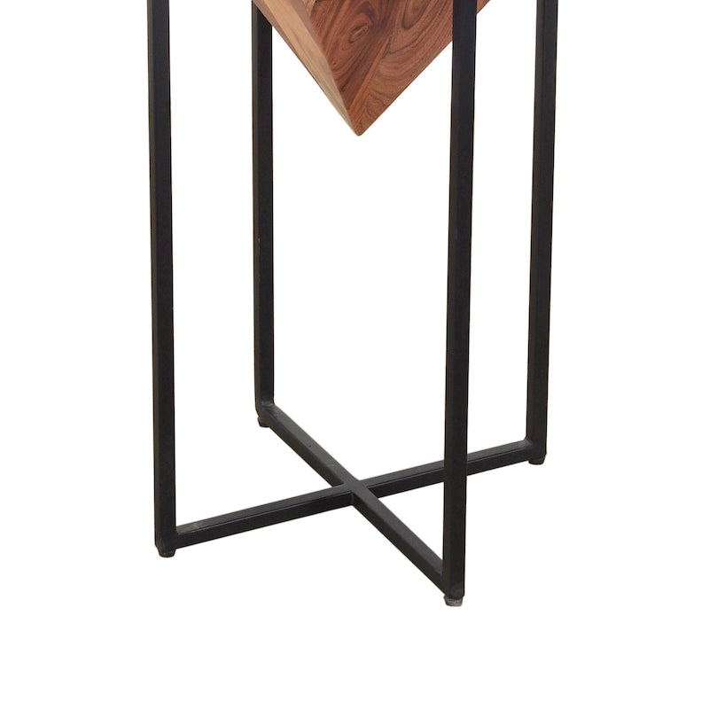 Ida 26 Inch Pyramid Shape Acacia Wood Side Table With Cross Iron Base, Brown and Black