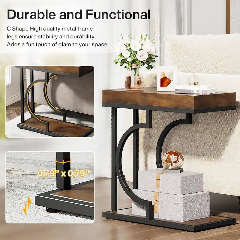 Narrow Side Table White Gold Side Table C Shaped End Table Modern Bedside Table Small Side Table for Couch Living Room