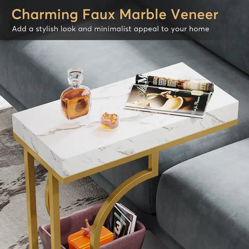 Narrow Side Table White Gold Side Table C Shaped End Table Modern Bedside Table Small Side Table for Couch Living Room