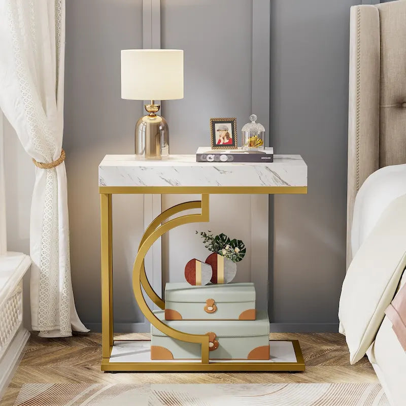 Narrow Side Table White Gold Side Table C Shaped End Table Modern Bedside Table Small Side Table for Couch Living Room