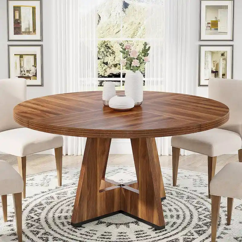 47 Inch Round Dining Table for 4, Wood Farmhouse Dinner Dinning Table for Kitchen Dining Living Room