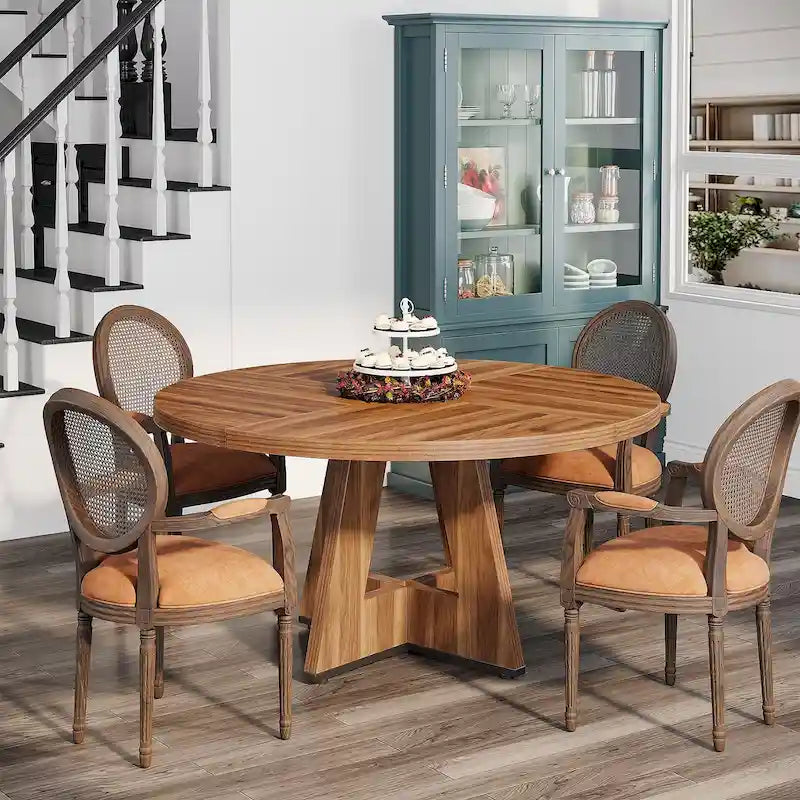 47 Inch Round Dining Table for 4, Wood Farmhouse Dinner Dinning Table for Kitchen Dining Living Room