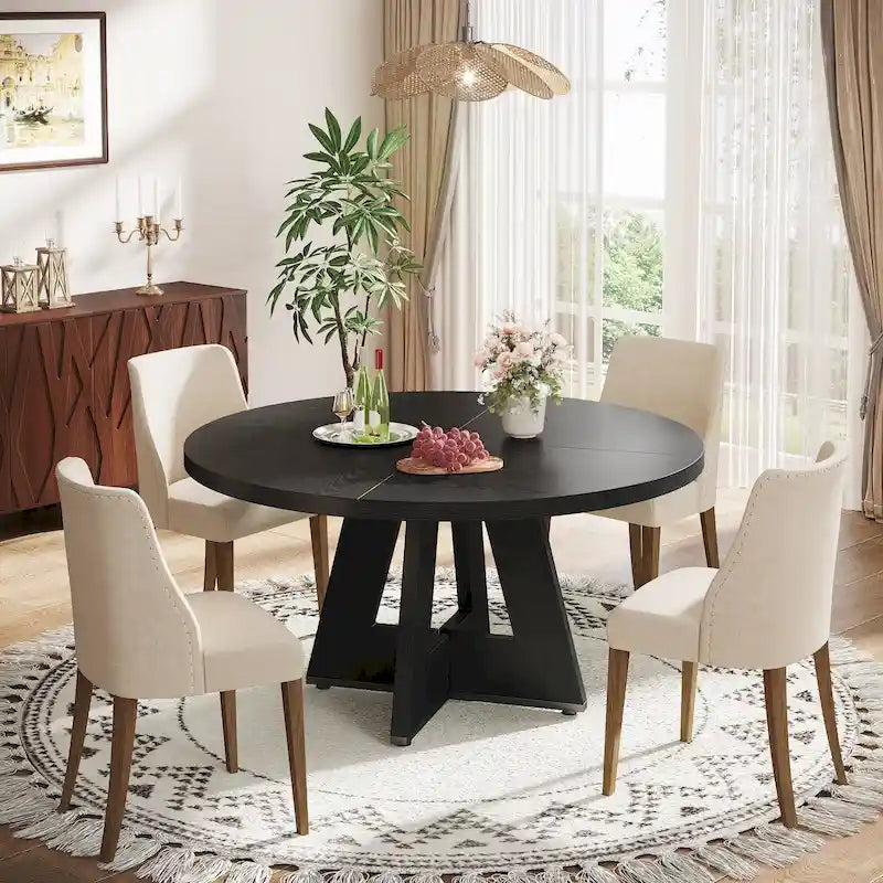 47 Inch Round Dining Table for 4, Wood Farmhouse Dinner Dinning Table for Kitchen Dining Living Room