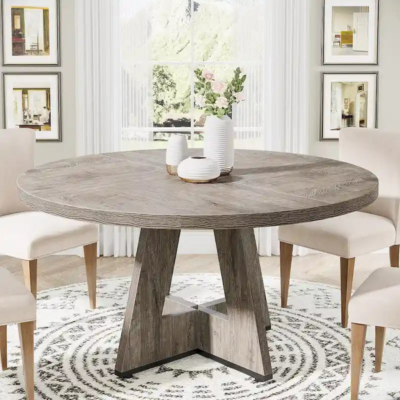 47 Inch Round Dining Table for 4, Wood Farmhouse Dinner Dinning Table for Kitchen Dining Living Room