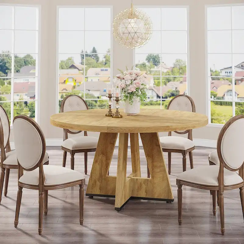 47 Inch Round Dining Table for 4, Wood Farmhouse Dinner Dinning Table for Kitchen Dining Living Room
