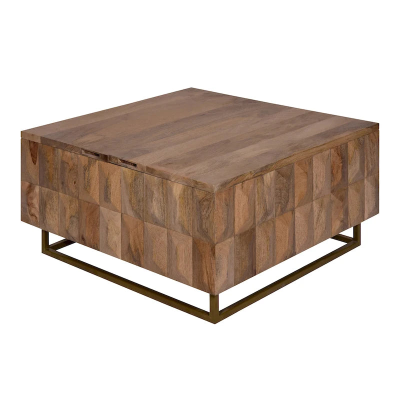 33 Inch Lift Top Storage Trunk Coffee Table, Square, Mango Wood, Natural Brown
