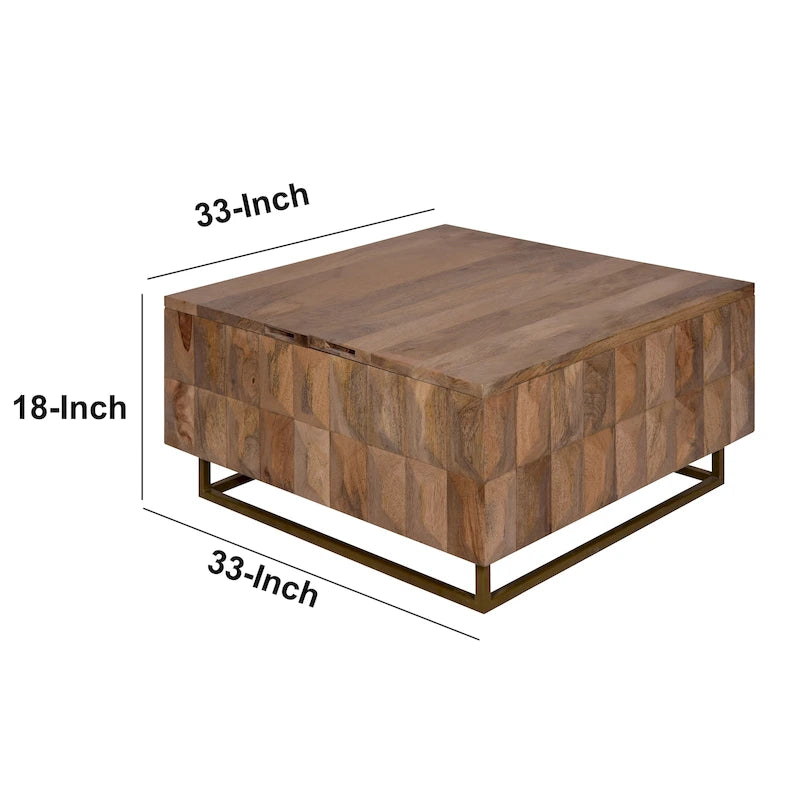 33 Inch Lift Top Storage Trunk Coffee Table, Square, Mango Wood, Natural Brown