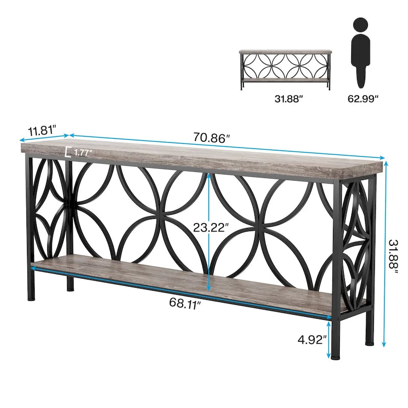 70.9 Inch Long Sofa Table, Industrial Console Table - 70.9 L  11.8 W  31.9 H