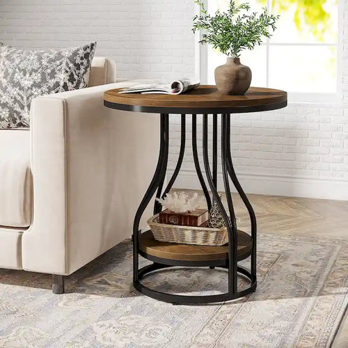 2-Tier Faux Marble Round End Side Table with Stylish Metal Frame,Modern Simple Bedside Nightstand Accent Tables