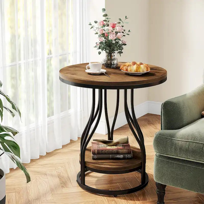 2-Tier Faux Marble Round End Side Table with Stylish Metal Frame,Modern Simple Bedside Nightstand Accent Tables