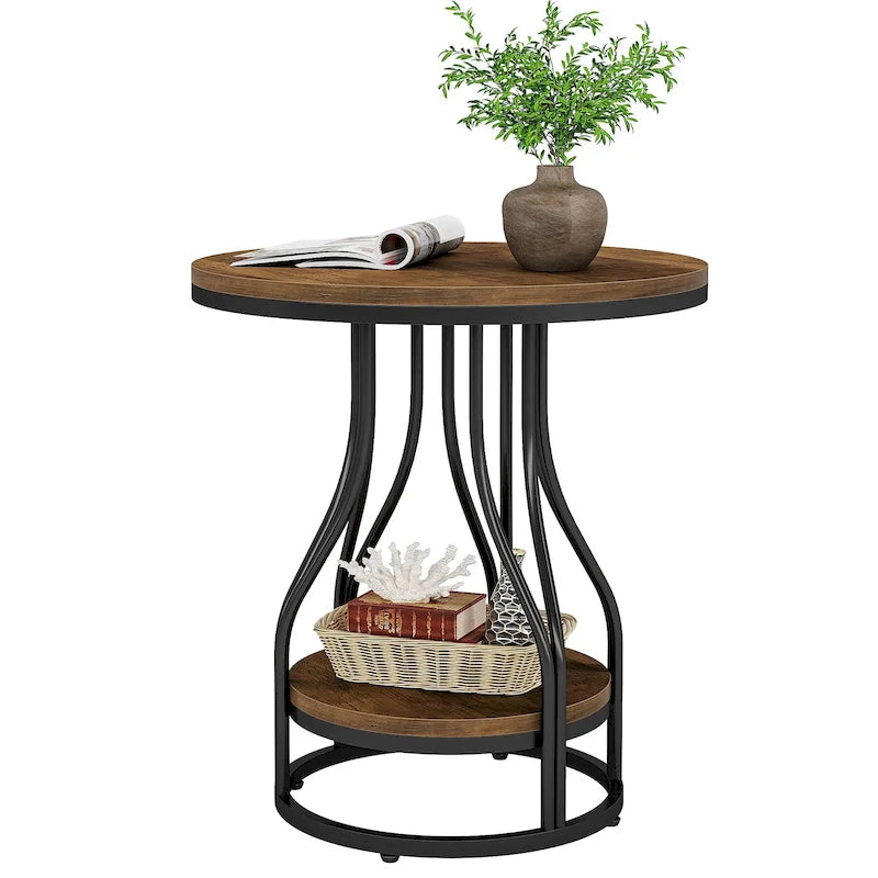 2-Tier Faux Marble Round End Side Table with Stylish Metal Frame,Modern Simple Bedside Nightstand Accent Tables