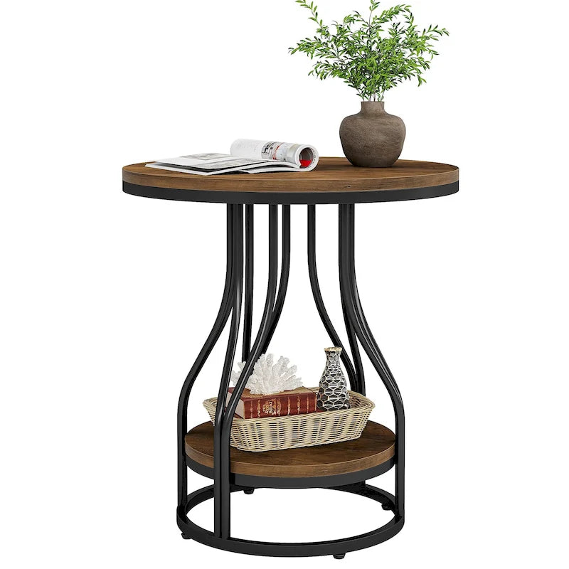 2-Tier Faux Marble Round End Side Table with Stylish Metal Frame,Modern Simple Bedside Nightstand Accent Tables