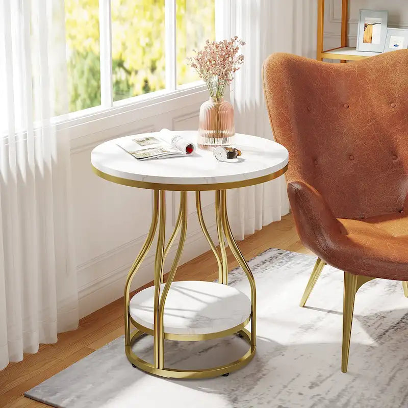 2-Tier Faux Marble Round End Side Table with Stylish Metal Frame,Modern Simple Bedside Nightstand Accent Tables