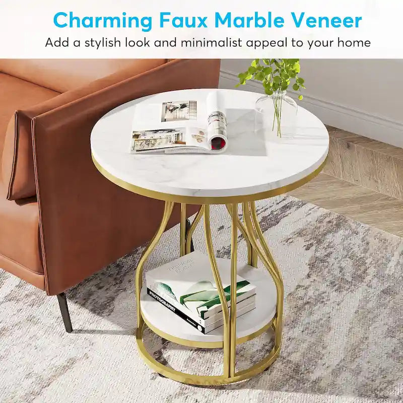 2-Tier Faux Marble Round End Side Table with Stylish Metal Frame,Modern Simple Bedside Nightstand Accent Tables