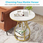 2-Tier Faux Marble Round End Side Table with Stylish Metal Frame,Modern Simple Bedside Nightstand Accent Tables